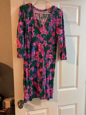 Lilly Pulitzer Blue Floral V-Neck Long Sleeve Dress with Pink & Green Print